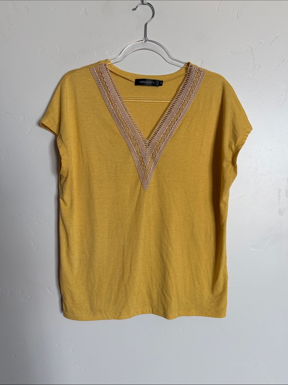 Merokeety Mustard V-Neck Crochet Trim Blouse